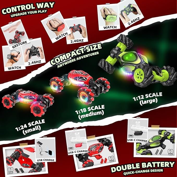 Remote Control Car Hand Controlled Gesture RC Stunt Car with Lights &amp Roll Stunt for Kids 6-13 Year Old 4WD 2.4GHz Off-Road 360° Rotation Toy Car Gift for Boys Girls