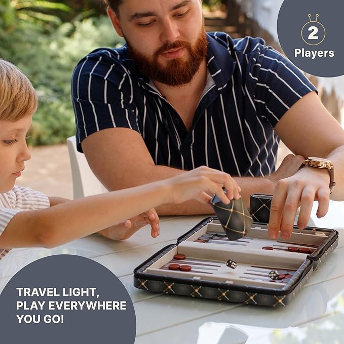 Magnetic Travel Backgammon Sets for Adults - Quality PU Leather Backgammon Board Game for Adults and Kids - 14 Gift for Man Backgammon Board with 32 Magnetic Pieces in PU Leather Case