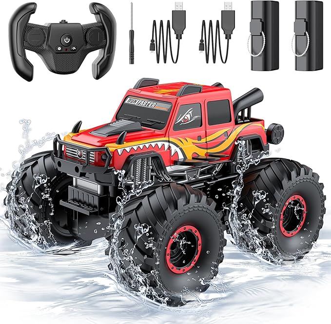 WayEee Remote Control Car Toys for Kids 6+ RC Car Waterproof Monster Truck Toys Amphibious 4X4 Pickup All Terrain Off-Road Vehicles 2.4GHz Remote Control 1/18 Scale RC Truck Boys Gifts/Red