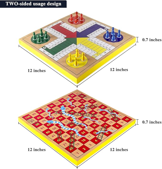 AMEROUS 12 inches Wooden Ludo Board Game - Snakes and Ladders 2 in 1 Reversible 1-4 Players Family Dice Games Set for Kids Adults Classics Tabletop Version (Gift Box Packed)