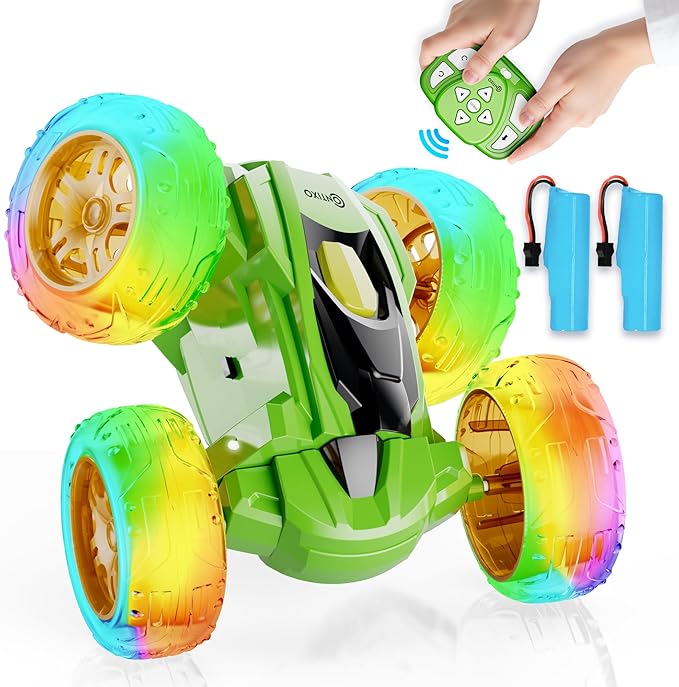 Contixo SC3A Toy Remote Control Car for Kids with Double-Sided 360° Rotating Stunt 4WD Off-Road RC Cars with LED Lights Birthday for Boys and Girls Ages 4 5 6 7 - Green