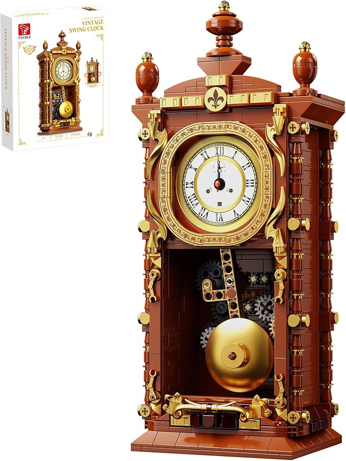 Vintage Pendulum Clock Building Block Set Stem Toy with Real Clock Function and Linkable Mechanical Pendulum Unique Home Decoration and Collectible for Adults&ampKids 6+