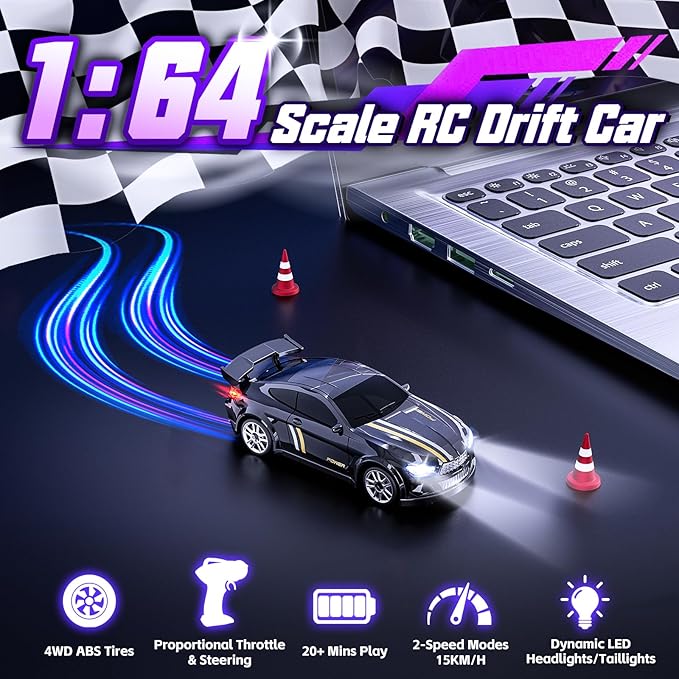 Mini RC Drift Car 1:64 Scale Remote Control Car with LED Lights &amp 2-Speed Modes 2.4GHz Stunt Drifting RC Toys with 4 Obstacles &amp Track Mat Hobby Gift for Kids &amp Adults Black