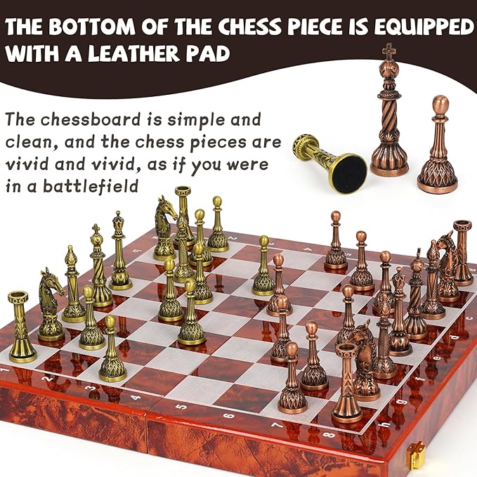 Vintage Metal Chess Set for Adults &amp Kids – Folding Marbling Chess Board with Storage – Elegant Travel Chess Set with Weighted Metal Pieces – Classic Board Game Gift &amp Home Décor