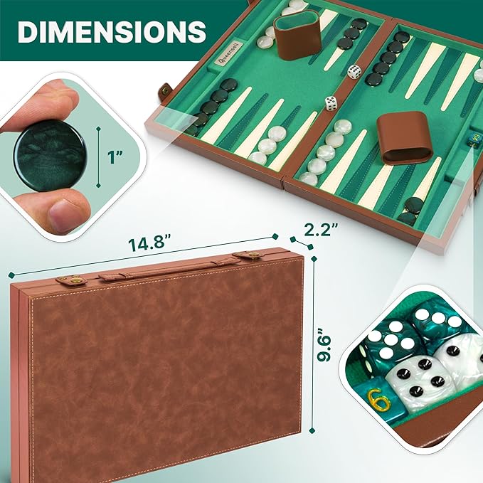 Premium 15 Inch Backgammon Set for Adults – Classic Faux Suede Leather Backgammon Board with 32 Chips Dice Cups &amp Doubling Cube