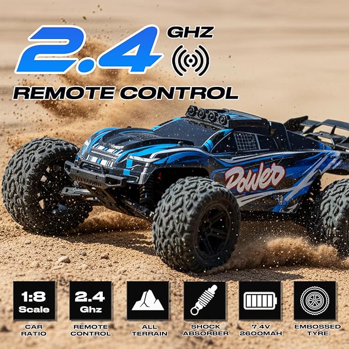 1:8 All Terrain Off Road RC Car 50KM/H Racing Drifting Climbing Monster Truck 2.4Ghz Remote Control LED Lights 2 Rechargeable 2600mAh Batteries Birthday