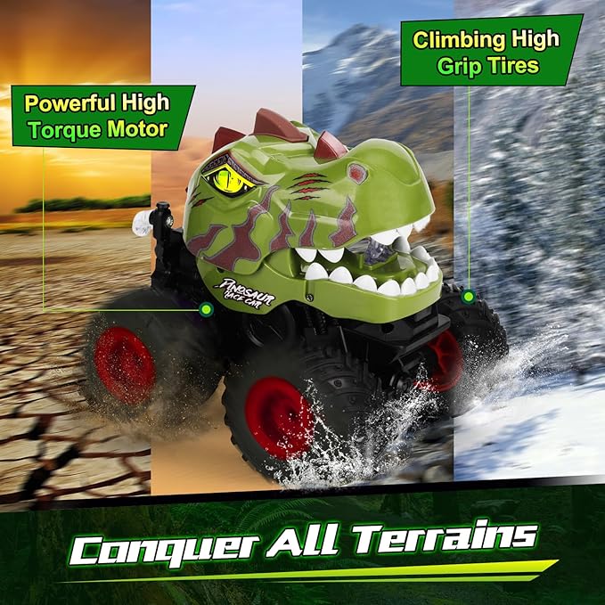 Remote Control Car for Boys 4-7 8-12 Dinosaur Monster Truck Toys with 50min+ Runtime Spray LED Light 360° Rotating &amp 90° Driving RC Stunt Car for Kids Birthday