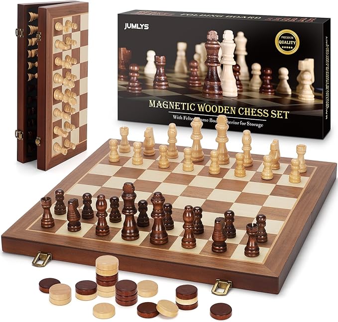 2 in 1 Magnetic Chess Set &amp Checkers Board Game 15 Wooden Folding Chess Board with 2 Extra Queens Portable Travel Chess Set with Pieces Storage Slots Beginner Chess Board Game for Adults &amp