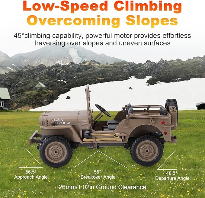 RC Crawler 1:10 Scale D888 Willys Military Jeep 2.4Ghz 4WD Off Road Rock Crawler with Lights Removable Accessories All Terrain RC Jeep Toy for Adult Teens-Upgradable (2 Batteries)