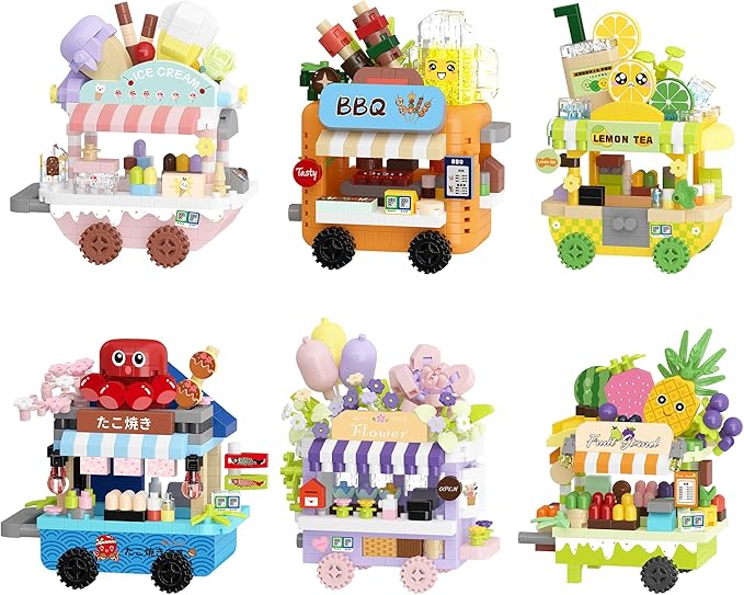 6 Set Food Stand Selling Cart Building Toy Block Set City Street View Collection Home House Decoration