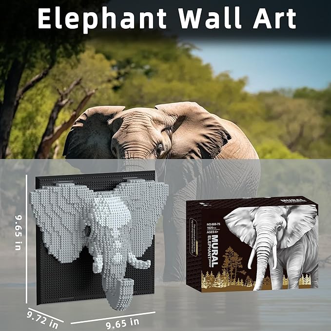 3D Wall Art Elephant Building Block Sets - Cute Animal Micro Mini Building Bricks Kit Creative Ideals Toy for Adult Collectible Architecture Decoration Party Favor for 14+ Adult 1625PCS (Elephant)