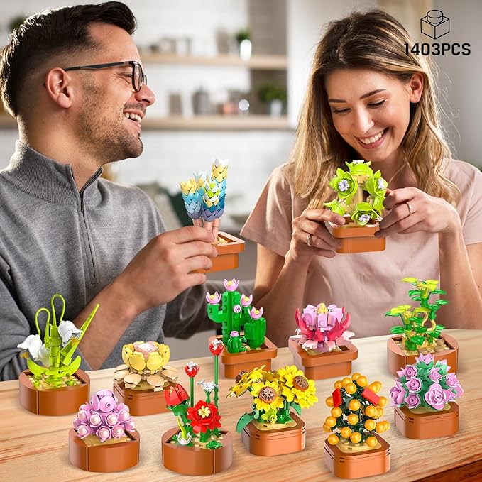 12 Pack Flowers Succulents Mini Building Set - 1403PCS Flower Botanical Collection for Home Office Décor 3.6MM Plant Blocks Toy Easter Birthday Gifts for Adults Women Kids Girls10+