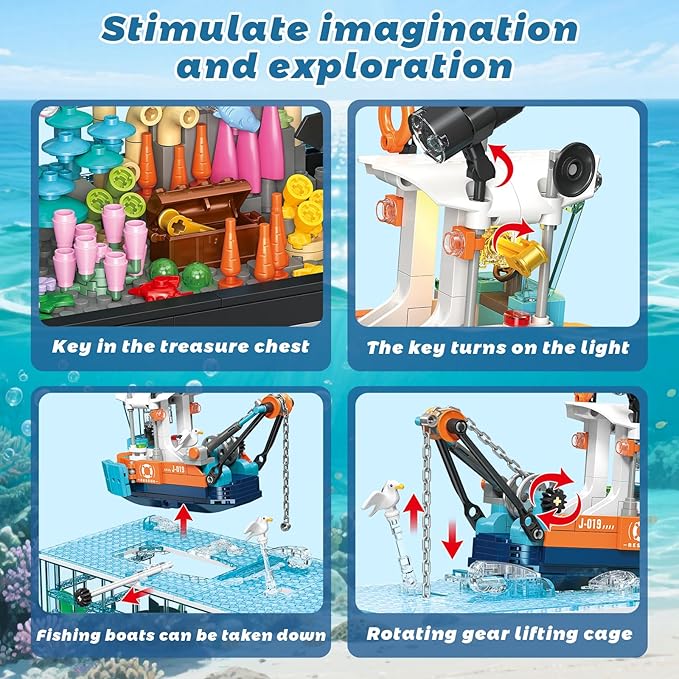 Fish Tank Building Blocks Set Aquarium Building Set with LED Lights Including Ocean Shark Jellyfish Fishing Boat STEM Gift for Kids Boys Girls Age 8-12+ and Adults(830PCS)