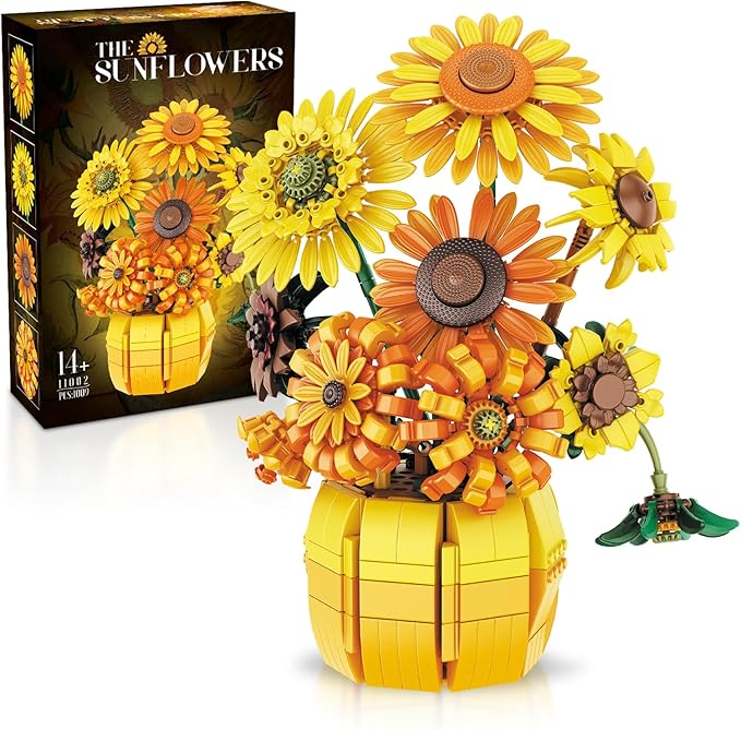 Flowers Sunflower Building Sets for Adults Van Gogh Prints Art Botanical Collection for Woman Girls 14+ Artificial Pot Bouquet Plants Kits Home Decor/Christmas/Valentine/Mother's Day Birthday Gifts