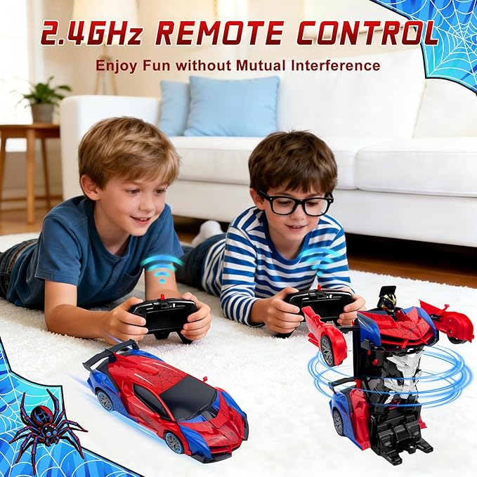 Spider Remote Control Car Toy for Boys 2.4Ghz RC Transform Robot 1:18 Scale One-Button Deformation 360°Rotation Car with Underbody Lights Gifts for Boys Ages 3 4 5 6 7 8 9 10 11 12