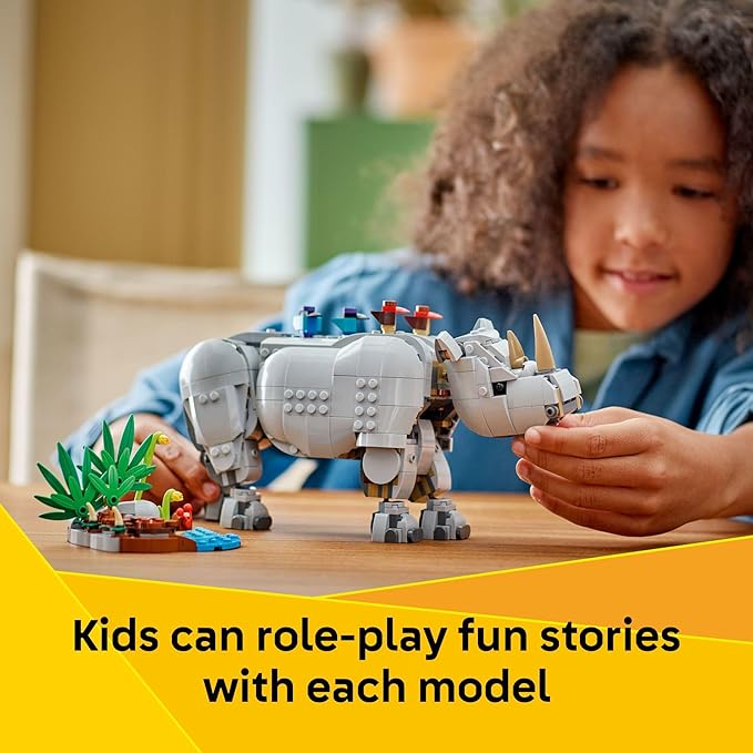 LEGO Creator 3 in 1 Wild Animals: Majestic Rhino - Building Toy for Boys &amp Girls Ages 9+ - Gift for Easter Baskets - Kids Bedroom and Desk Decor - Build Rhino Hippo or Walrus - 31171