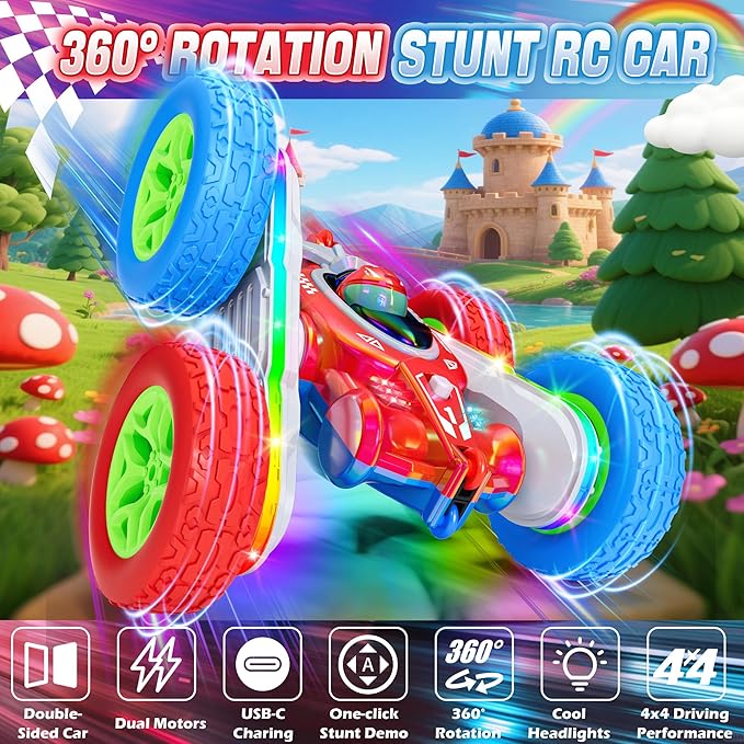 Remote Control Car Kids Toys with Shiny Electroplated Finish RC Cars Stunt Toy with LED Lights 2.4GHz Double-Sided 360° Flips USB-C Fast Charging Perfect Birthday Xmas Gift Boys