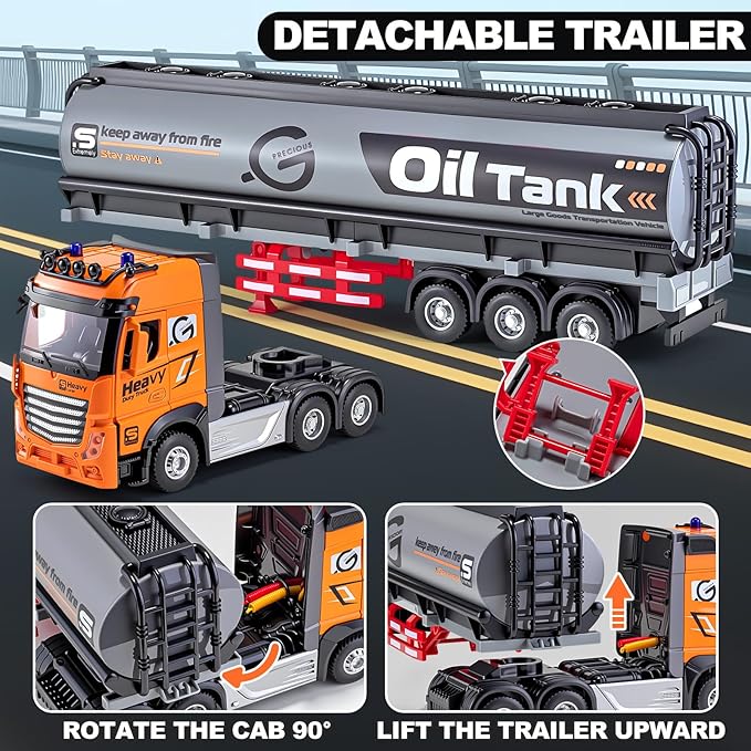 9 Channel RC Semi Truck with Trailer Metal Cab 2.4Ghz Remote Control Oil Tanker Truck with Lights and Sounds Birthday Gift for Kids Boys 14.6