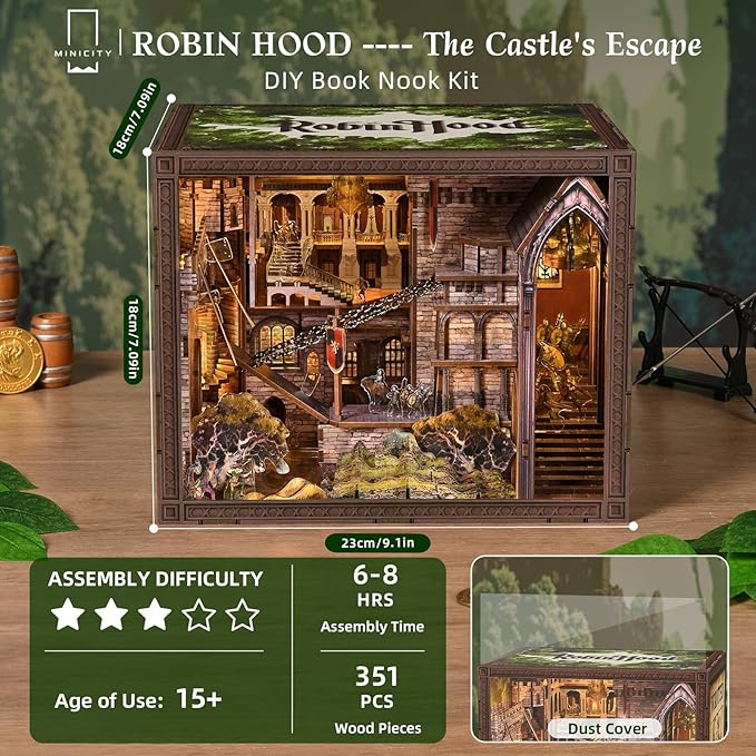Book Nook Kit - 351 Pcs Wooden Miniature Kit with LED Lights Dust Cover &amp Medieval Details (Robin Hood)