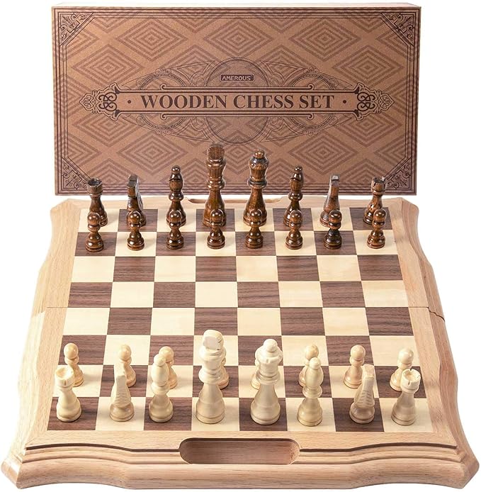 AMEROUS 15.6 inches Magnetic Wooden Chess Set Handheld Style Chess Board Game Sets with Game Pieces Storage Slots - 2 Extra Queens - Gift Package Chess for Beginner Kids and Adults