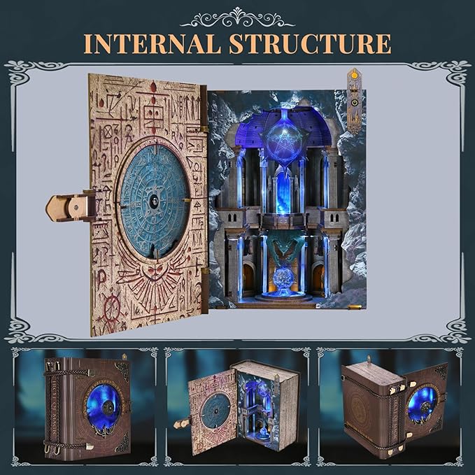 Book Nook Kit DIY Miniature Dollhouse Magic Booknook Kit 3D Wooden Puzzle Bookend Bookshelf with LED Light for Adults Teens (Circle of Magic)