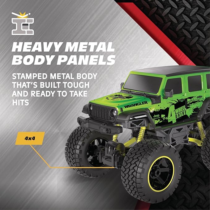 4WD Heavy Metal Remote Control Car Jeep Wrangler RC Truck Toy– 1:10 Scale 4-Door Stamped Metal Body 2.4GHz Control USB Rechargeable Ready to Run Green Great Gift