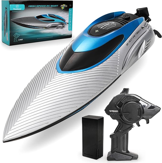 RC Boat for Adults &amp Kids Metallic Blue 2.4GHz Remote Control Racing Boat 25 MPH Self-Righting Waterproof Long Range Rechargeable LED Light High Speed Electric Toy Boat for Lake Pool &am