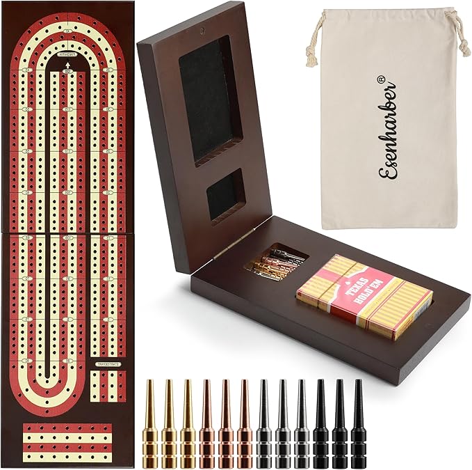 Cribbage Board Foldable 4-Track Cribbage Board Game Set Solid Wood Game Board with 12 Brass Pegs &amp Felt-Lined Storage for 2-4 Players with Convenient Pouch