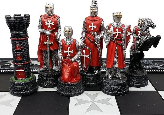 Medieval Times Crusades Red and White Armored Maltese Knights Chess Set with 17 Board