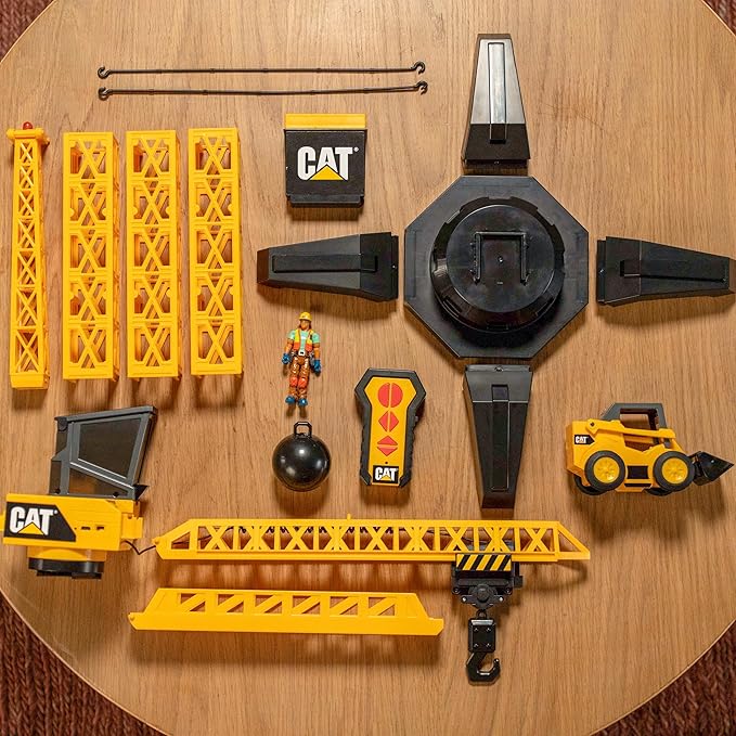 Cat Construction Workforce Jumbo Tower Crane Set 50-Inch RC Crane Toy with 360-Degree Rotation Hook and Wrecking Ball Light Skid Steer and 4 Figure USB Rechargeable Ages 5+
