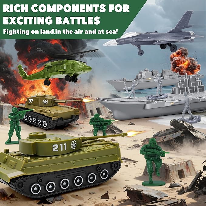 Army Men Playset – 117 Pcs Military Toy Soldiers Set with Action Figures Battle Mat Tanks Helicopter Submarine &amp Weapon Gear – Army Toys for Boys Ages 4-12 Great Gift for Kids