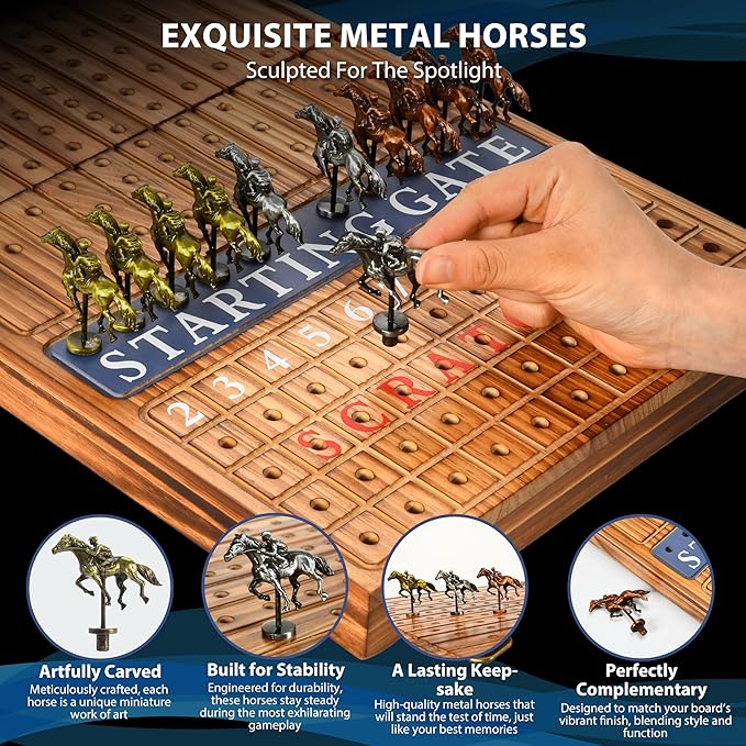 Horse Racing Board Game - 23x12 - Derby Classic Horse Race Game with 11 Metal Horses - Foldable Wood Horse Game with Dice Premium Chips &amp 2 Packs of Cards - Rustic Brown