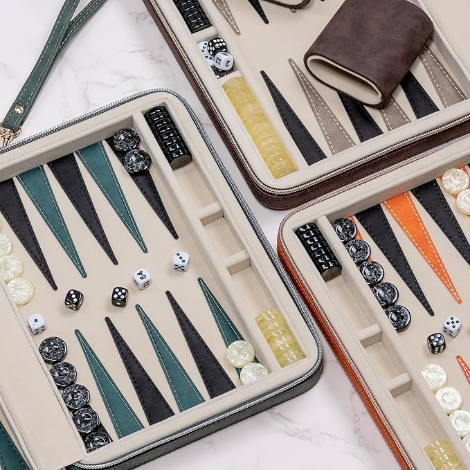 Backgammon Sets for Adults Classic Board Game with Folding Faux Leather Backgammon Case Portable Travel Backgammon Game Set (Green)