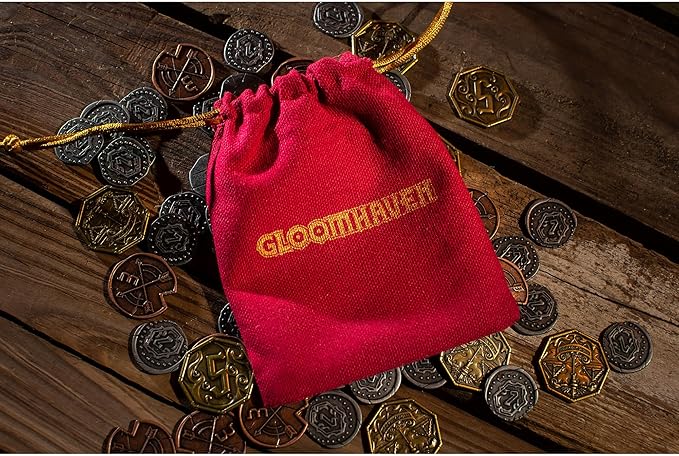Cephalofair Games: Gloomhaven: Metal Coin Upgrade - 60 Coins &amp Drawstring Bag Board Game Accessory Metal Currency Detailed Art