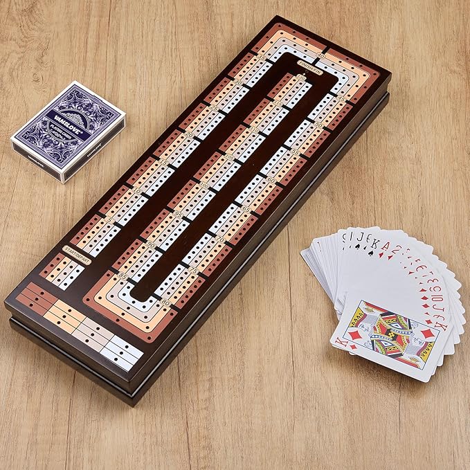 VAMSLOVE Upgraded Wooden 4-Track Cribbage Board Game Magnetic Scoreboard with Large Slots for Storing 2 Playing Cards and 12 Metal Pegs Travel Family Game Night (Instruction Included)