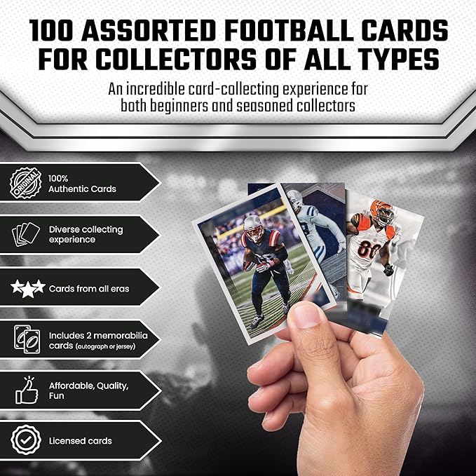 100 Assorted Football Cards – Football Trading Card Packs Variety from 1970s to Present Plus 2 Memorabilia Cards (Autograph or Jersey) – Sports Trading Cards from Trusted Brands – Collector Mix