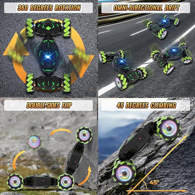 Pristar Gesture RC Toys for Boys 6-12 RC Sensing Stunt Car with Cool Spray Lights Music Double Sided Flip 360 Rotate 4WD Off-Road