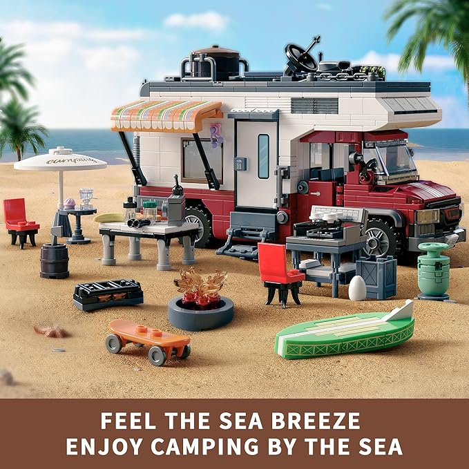 City Camper Van Building Set-Beach Camping Themed Construction Toy Kit with Mini Accessories&ampLights RV Car Model Compatible with LegosBirthday Gift for Adults and Kids 6+(880 pcs)