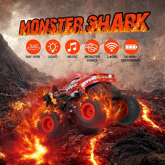 DYODYORC Remote Control Car 2.4Ghz All Terrain Shark Monster Truck Toys RC Truck with Music 3 Lighting Effects 360 Stunt Capable 2 Batteries Ready to Run Toy Gifts for Boys and Girls (Red)