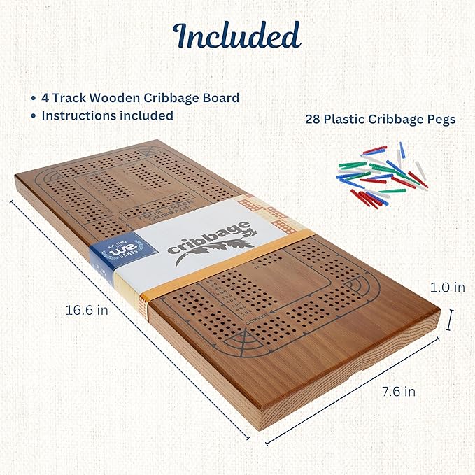 WE Games Large Wooden Cribbage Board Game Set 16.5 in Walnut Stain Cribbage Board 4 Track Coffee Table Décor for Adults Gift for Families