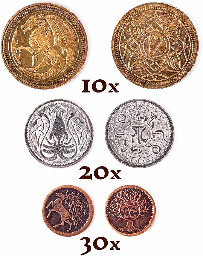 The Dragon's Hoard: 60 Real Metal Fantasy Coins with Leather Pouch | Board Game Accessory for Tabletop RPG Role-Play Strategy Games | Bronze Silver and Gold Colored Coins