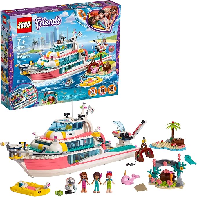 LEGO Friends Rescue Mission Boat 41381 Toy Boat Building Kit with Mini Dolls and Toy Sea Creatures Rescue Playset Includes Narwhal Figure Treasure Box and More for Creative Play (908 Pieces)