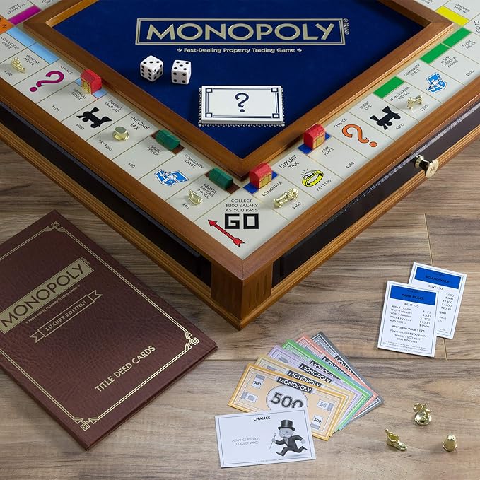 Monopoly Trophy Edition by WS Game Company — Premium 2-Tone Wooden Cabinet with 2 Storage Drawers | Gold-Tone Die-Cast Tokens | Wooden Houses and Hotels | Luxury Board Game for 2–6 Players