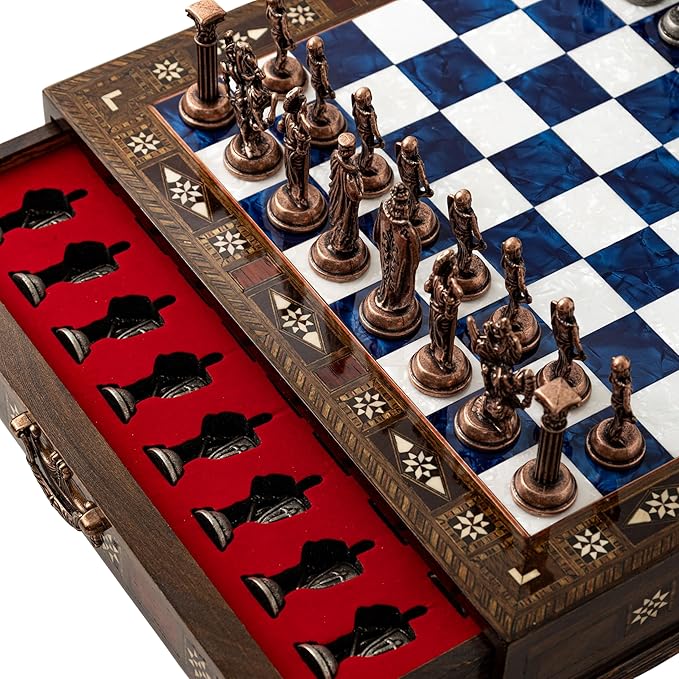 15” Handmade Wooden Storage Chess Set – Handmade Wooden Chess Board with Metal Pieces – Luxury Chess Gift for Adults Decorative &amp Collectible (Blue)