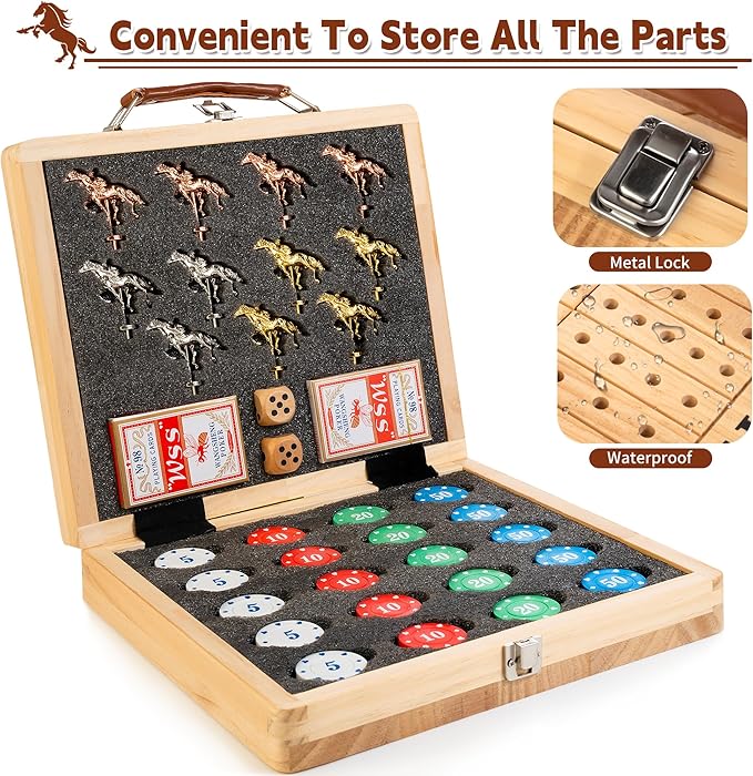 Bravmate Large 21 Inches Horse Race Board Game Solid Wood Foldable Horse Racing Game with 11 Luxury Metal Horses 2 Wooden Dice 2 Boxes of Cards 80 Chips for Parties
