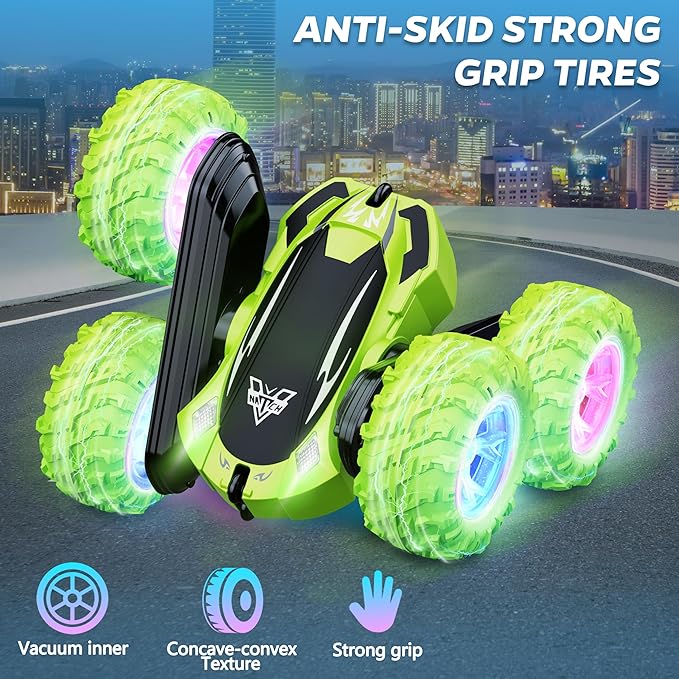 KKONES Remote Control Car 2.4GHz Electric Race Stunt Car Double Sided 360° Rolling Rotating Rotation LED Headlights RC 4WD High Speed Off Road Gift for 3 4 5 6 7 8-12 Year Old Boy Toys (Green)
