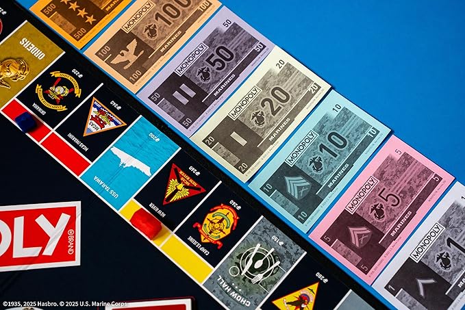 Monopoly: Marines 250th Anniversary Edition Celebrate 250 Years Buy Bases Worldwide and Upgrade with Tents &amp Barracks Play as Tokens: Combat Boots Bulldog &amp More Officially Licensed Merc