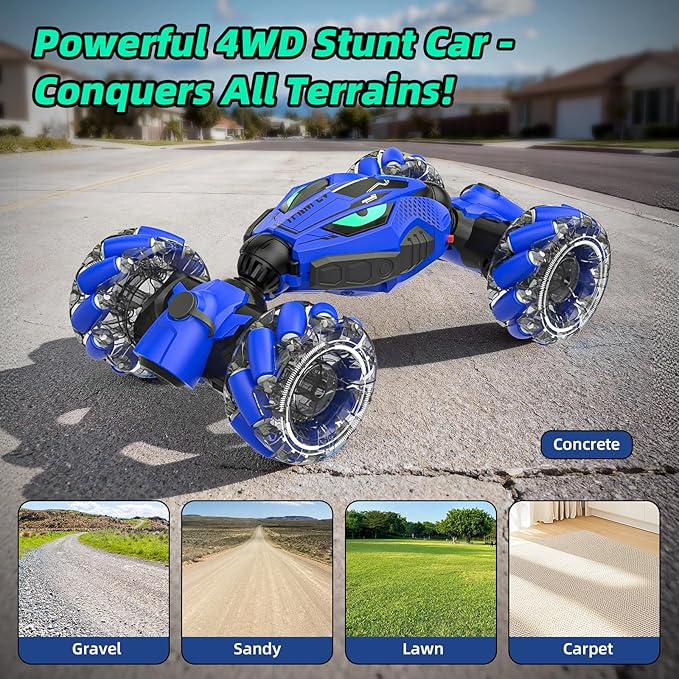 VisionX Unique 2.4GHz 4WD 360° Rotating Gesture Sensing RC Stunt Cars for Boys and Girls Ages 6-12 Double‑Sided Driving RC Drift Car Birthday and Christmas Cool Car Toys Gifts for Kids 2 Batteries