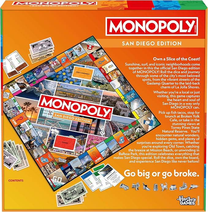 Monopoly Board Game – San Diego CA Edition: 2-6 Players Family Board Games for Kids and Adults Board Games for Kids 8 and Up Great for Game Night