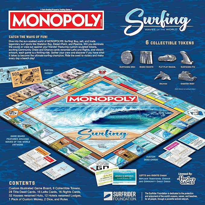 Monopoly: Surfing Waves of the World Board Game – Buy Sell Trade Iconic Surf Spots Like Pipeline &amp Superbank 6 Custom Beach-Themed Tokens Family Game for Beach Sports Fans &amp Collectors Ag